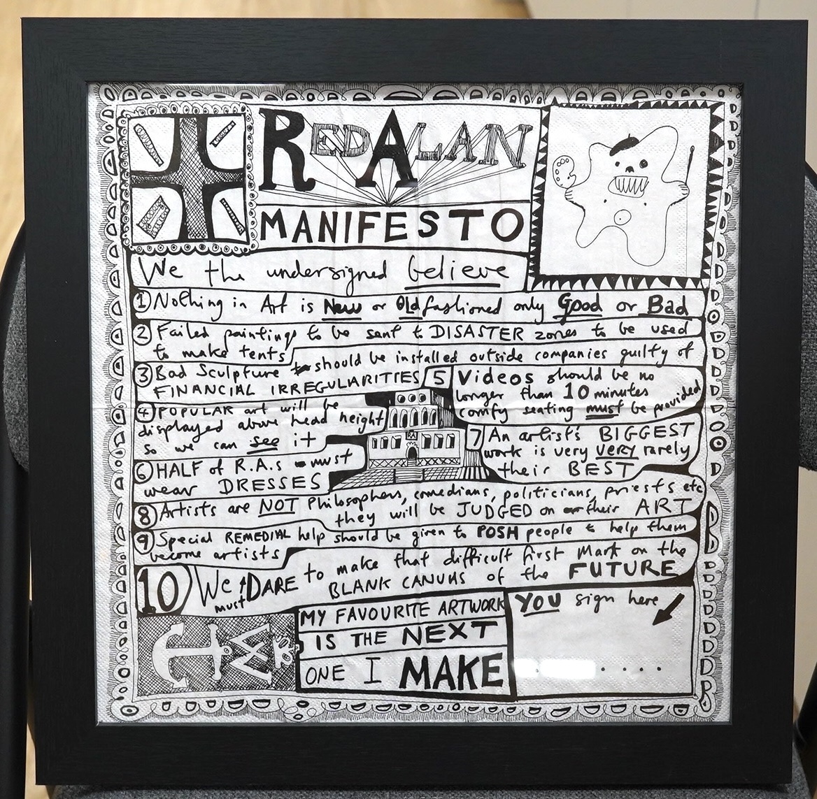 After Grayson Perry (b.1960), monochrome print on paper napkin, ‘Red Alan Manifesto’, 31 x 31cm. Condition - fair to good, central creases to paper